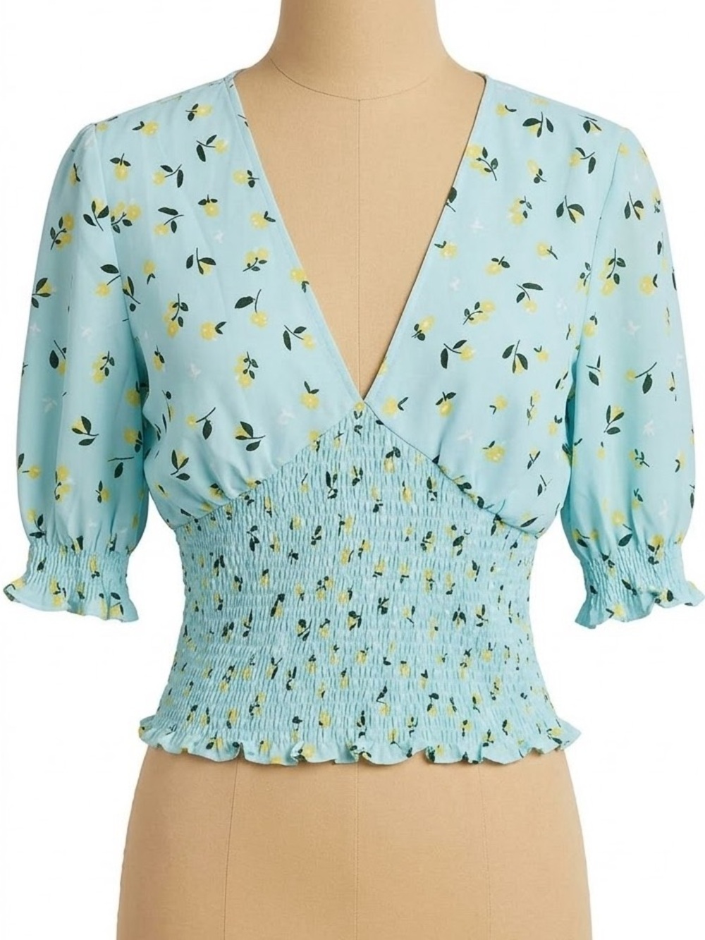 Leith Light Blue Smocked Floral V-Neck Top